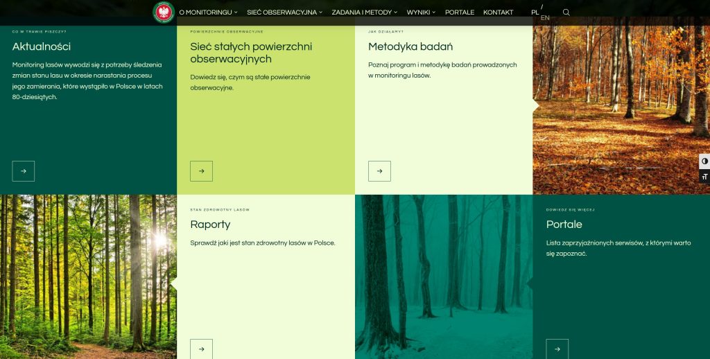 widok strony z blokami tematycznymi strony internetowej monitoringu lasów. Wyróżnione bloki to: aktualności, sieć stałych powierzchni obserwacyjnych, metodyka, raporty, portale