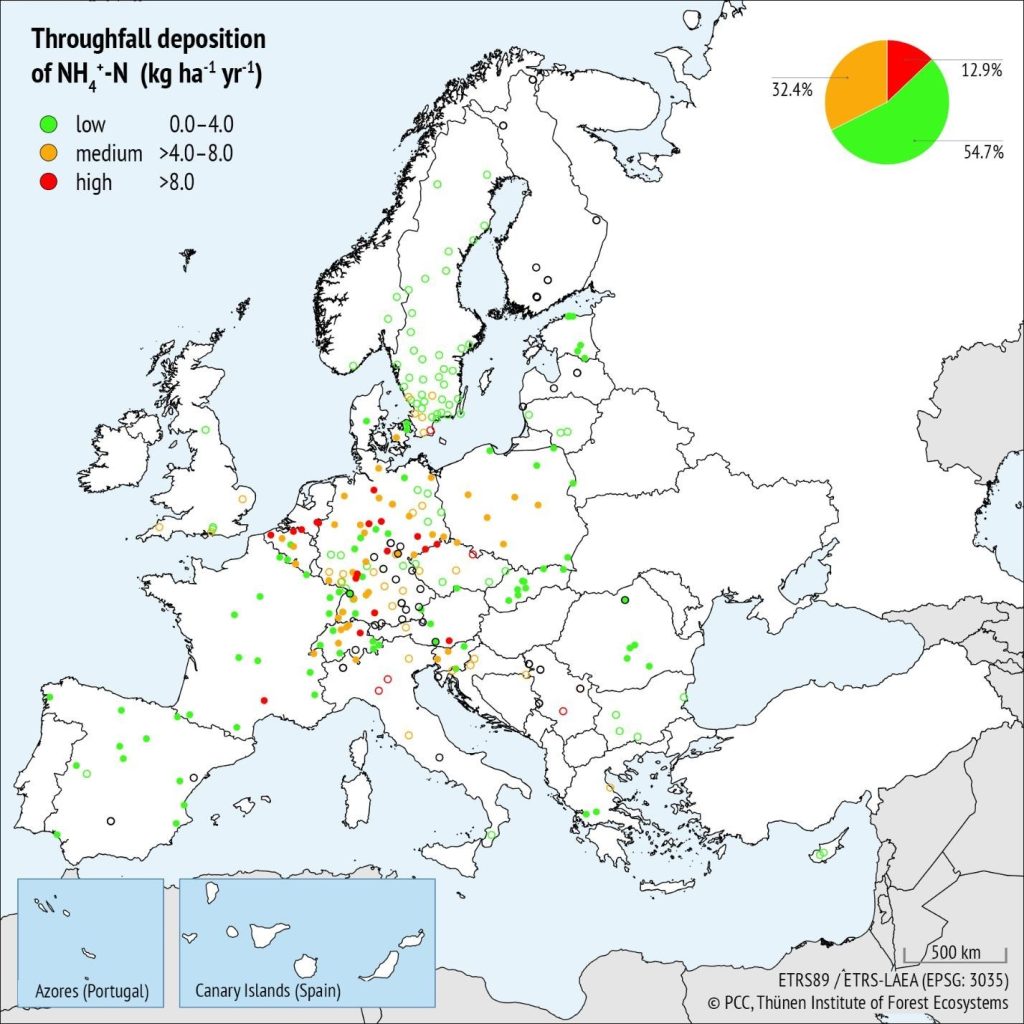 Depozycja podkoronowa azotu amonowego (kg/ha/rok N-NH4+-N) w 2022 r. na powierzchniach monitoringowych ICP Forest II rzędu oraz powierzchniach Szwedzkiej Sieci Monitoringu Opadów Podkoronowych.