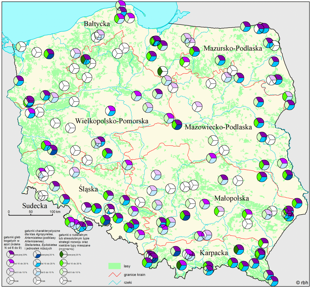 Mapa z oceną stopnia antropogenicznego odkształcenia runa (na podstawie liczby gatunków z poszczególnych grup).